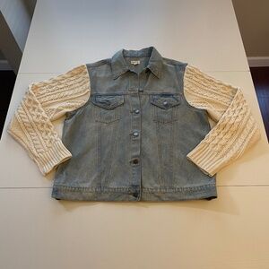 POL Light Wash Denim Jacket Knit Sweater Sleeves Size Large
